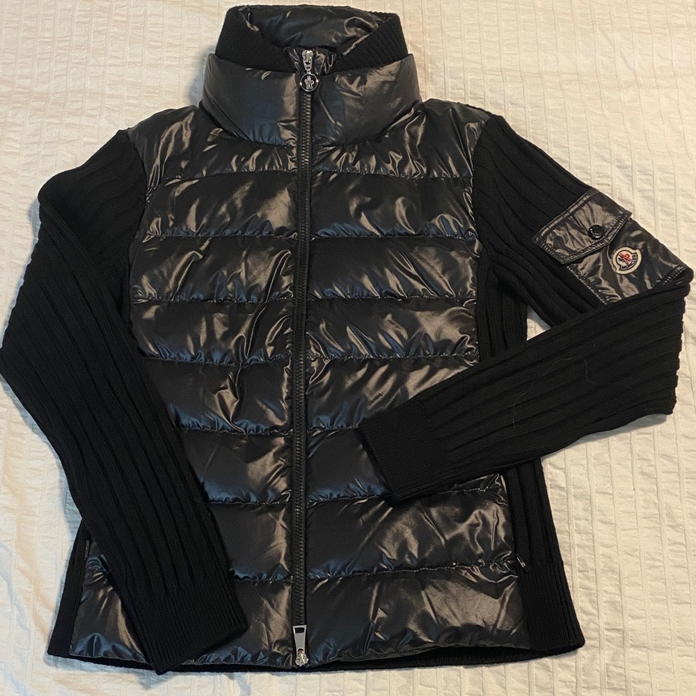 Moncler Cardigan Tricot Black Puffer Jacket with Ribbed Sleeves NWT